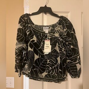 Cynthia Rowley Black and Cream Leaf-Print Peasant Blouse